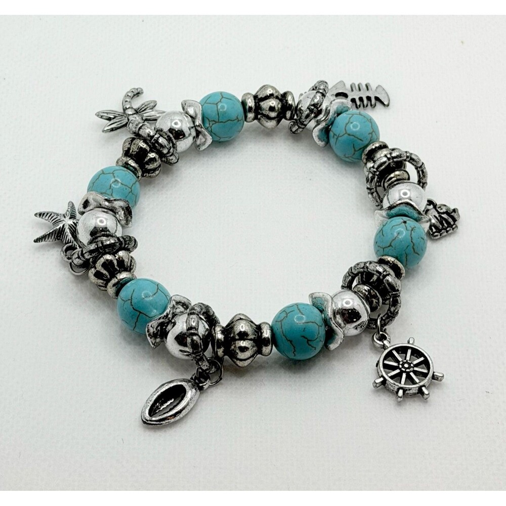 Ocean-Themed Nautical Charm Stretch Bracelet with Blue Stone Beads